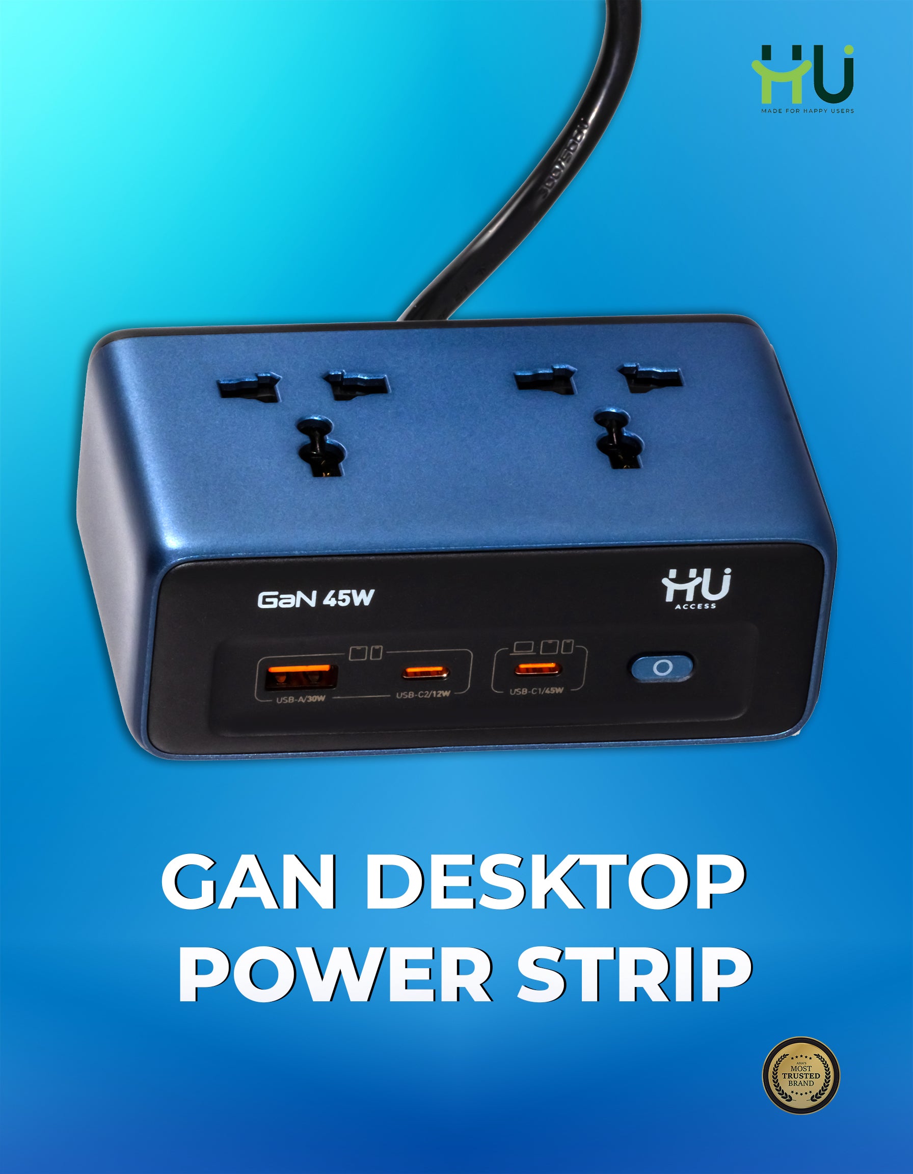 45W GaN Desktop Power Strip with USB Fast Charging