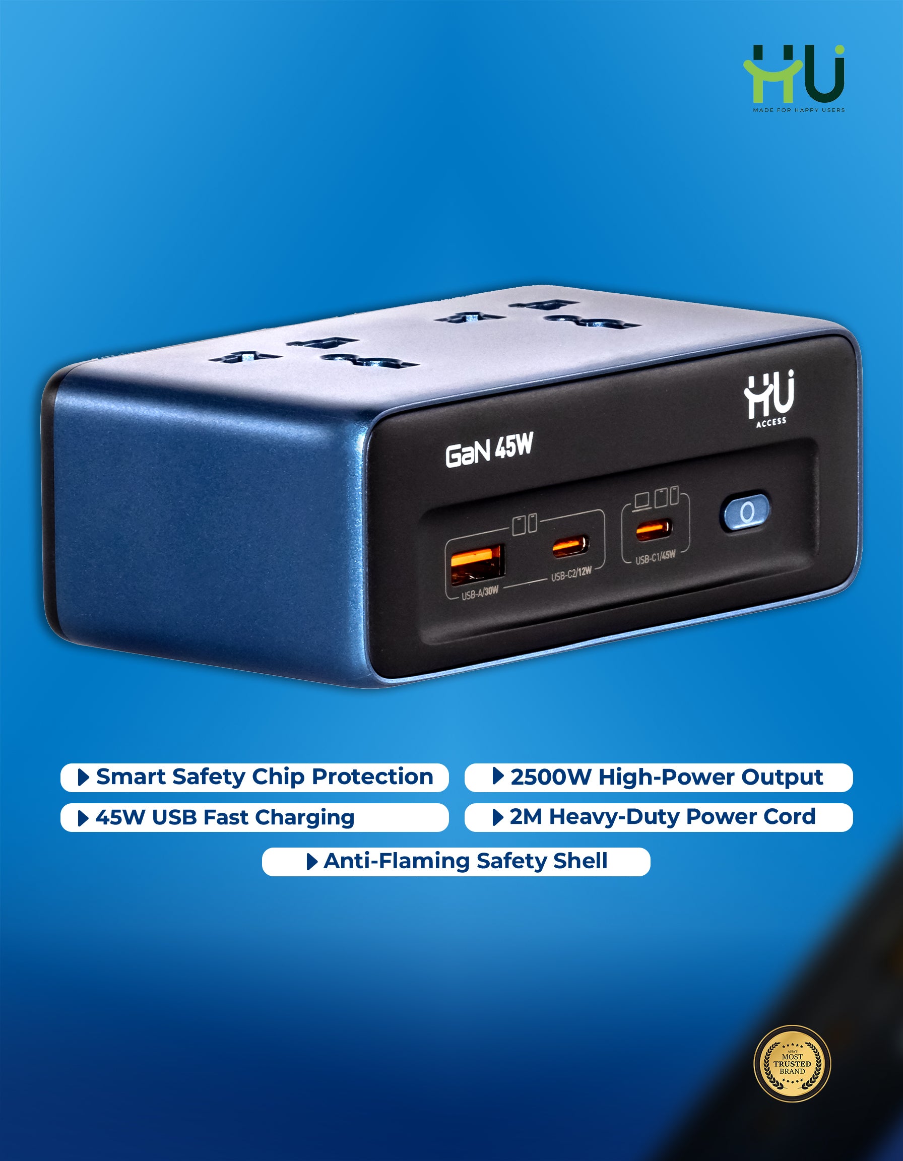 45W GaN Desktop Power Strip with USB Fast Charging