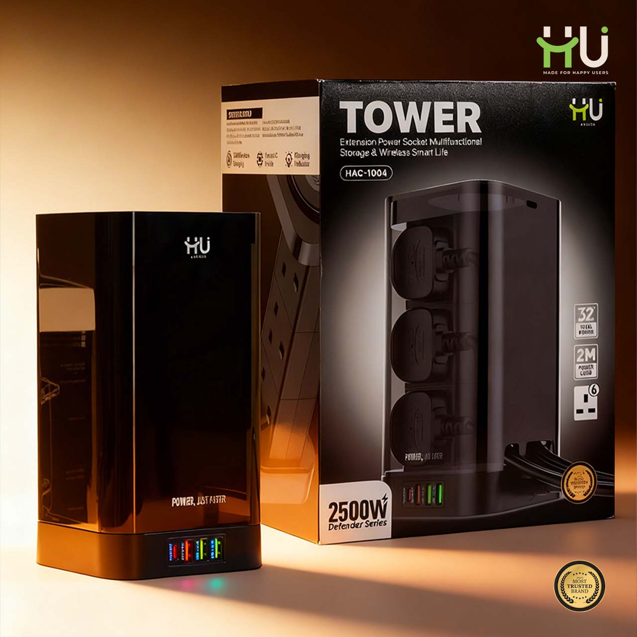 Tower Extension Board with 6 Sockets, USB & Wireless Charger