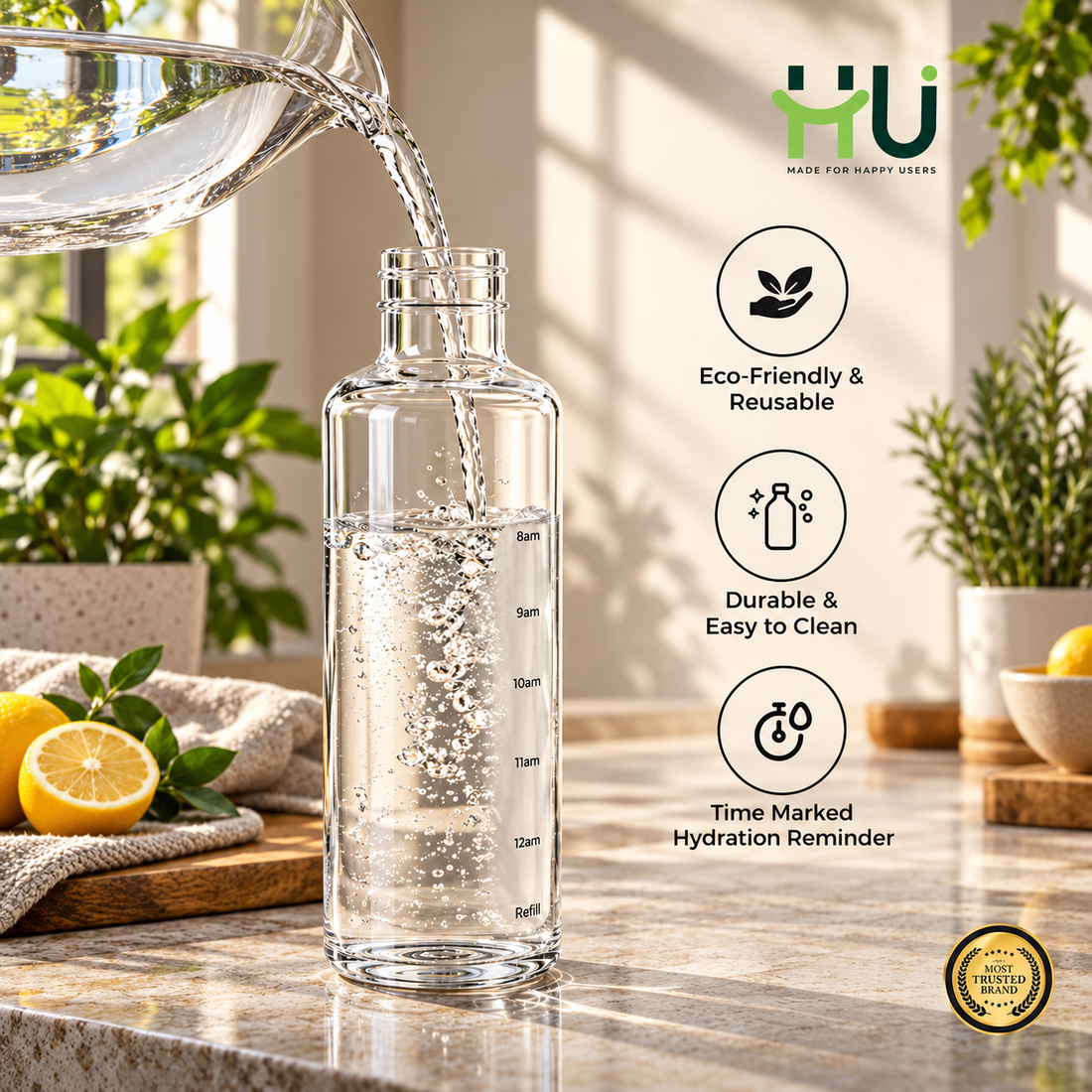 Glass Water Bottle with Time Marker Hydration Bottle