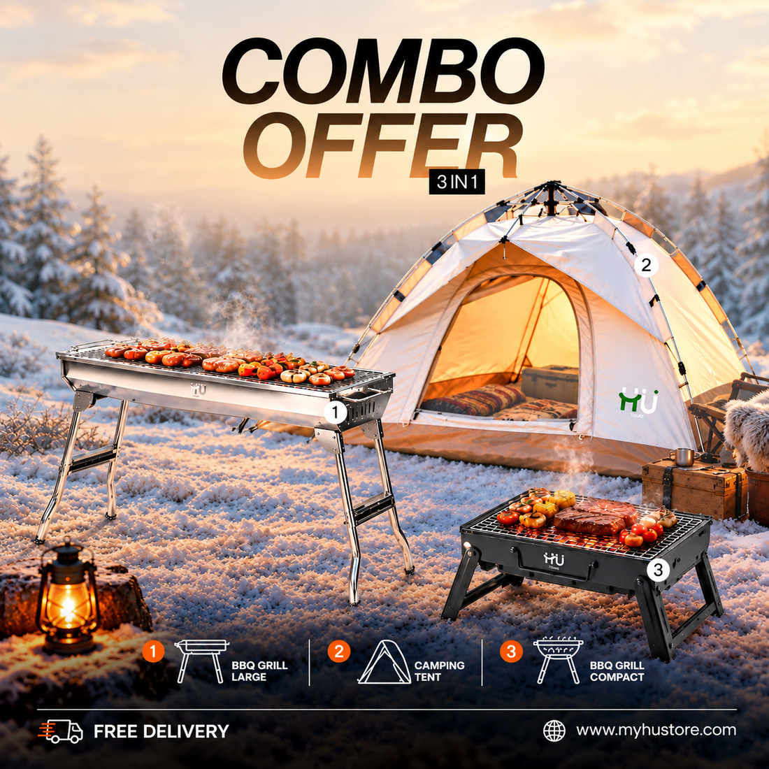 HU 3-Piece Camping Combo – Tent, BBQ Grill & BBQ Fiesta