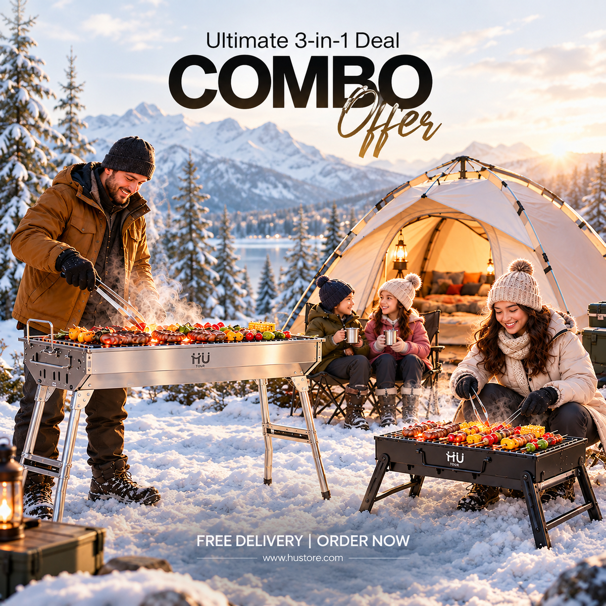 HU 3-Piece Camping Combo – Tent, BBQ Grill & BBQ Fiesta