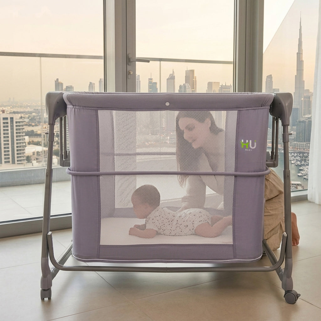 Electric Baby Bedside Sleeper Bassinet with Automatic Rocking, Digital Display, Adjustable Height, Mosquito Net, Breathable Mesh Sides & Lockable Wheels