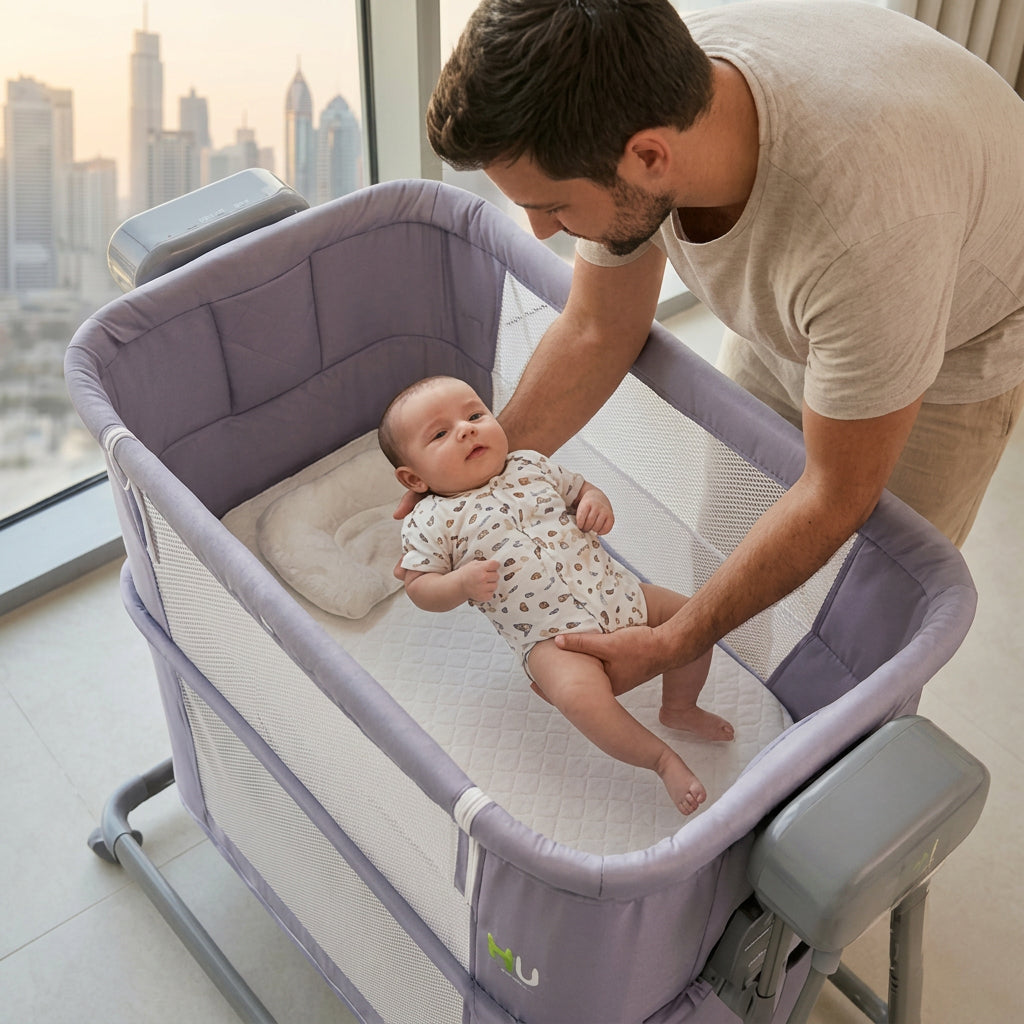 Electric Baby Bedside Sleeper Bassinet with Automatic Rocking, Digital Display, Adjustable Height, Mosquito Net, Breathable Mesh Sides & Lockable Wheels