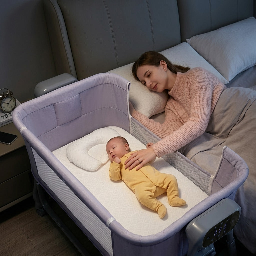 Electric Baby Bedside Sleeper Bassinet with Automatic Rocking, Digital Display, Adjustable Height, Mosquito Net, Breathable Mesh Sides & Lockable Wheels
