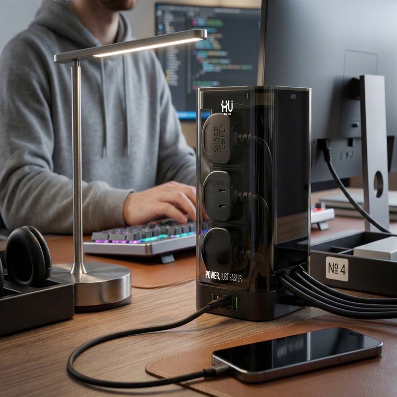 Tower Extension Board with 6 Sockets, USB & Wireless Charger