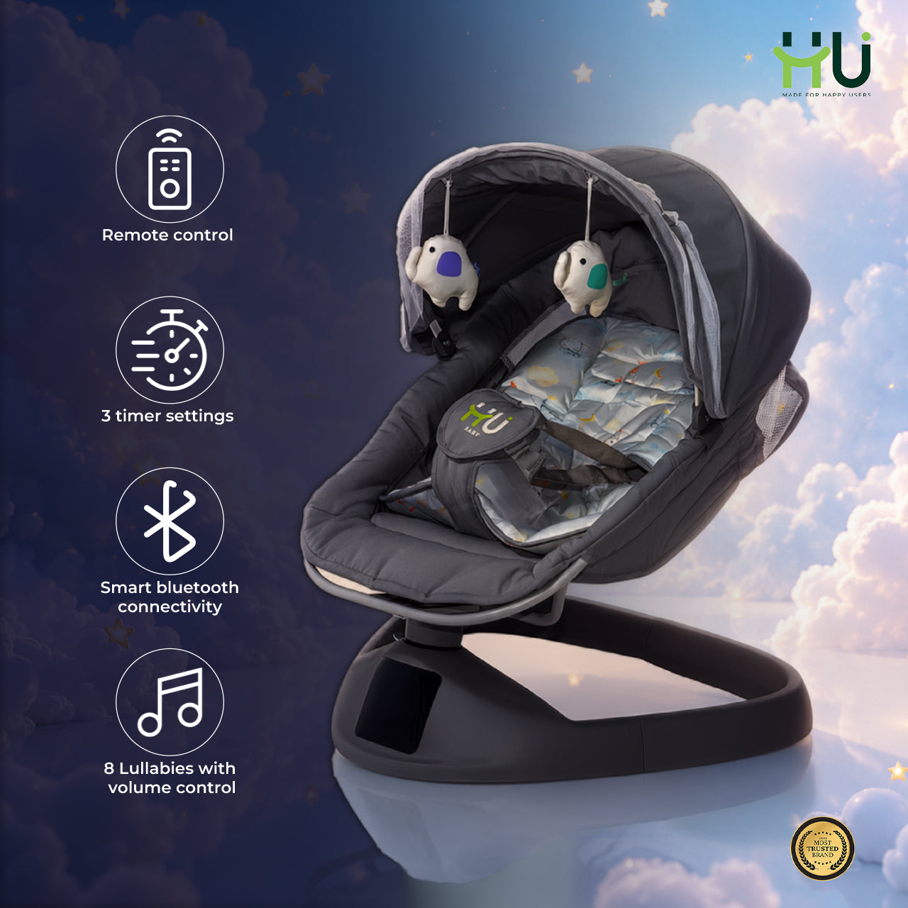 Electric Baby Swing with Bluetooth Music, Remote Control & 5-Speed Rocking