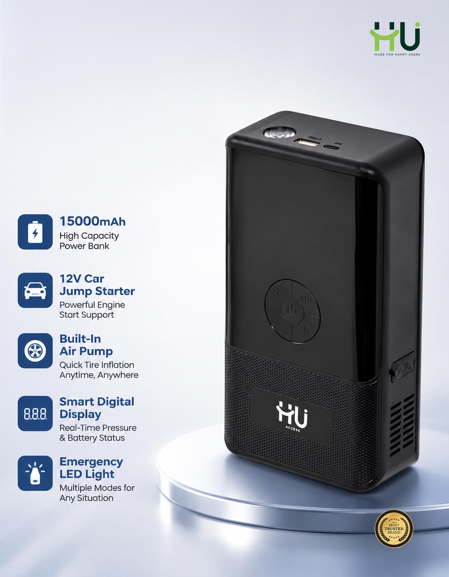 HU 15000mAh Jump Starter & Air Pump
