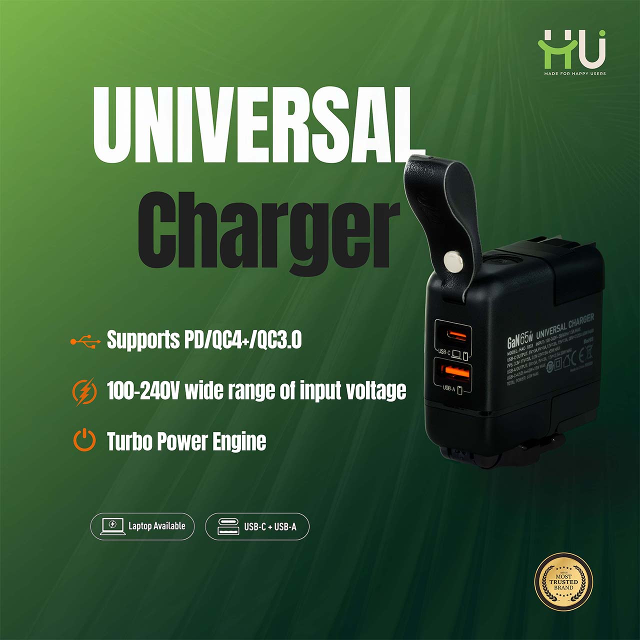 65W GaN Fast Charger USB-C Multi Port Charger