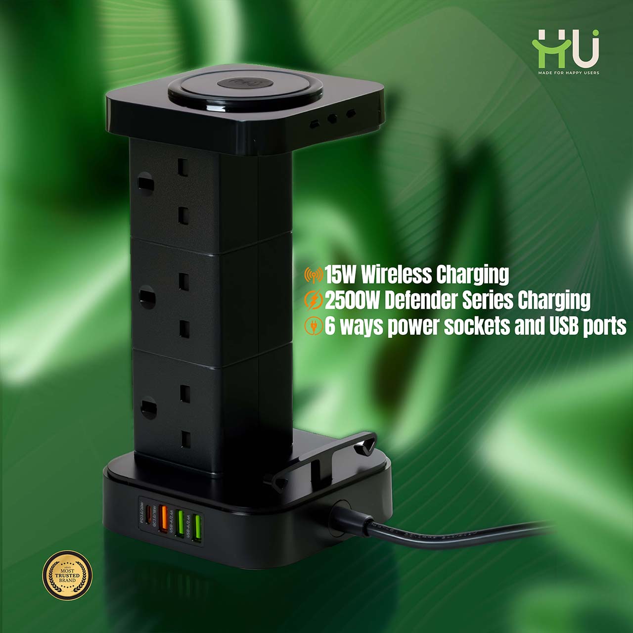 Tower Extension Board with 6 Sockets, USB & Wireless Charger