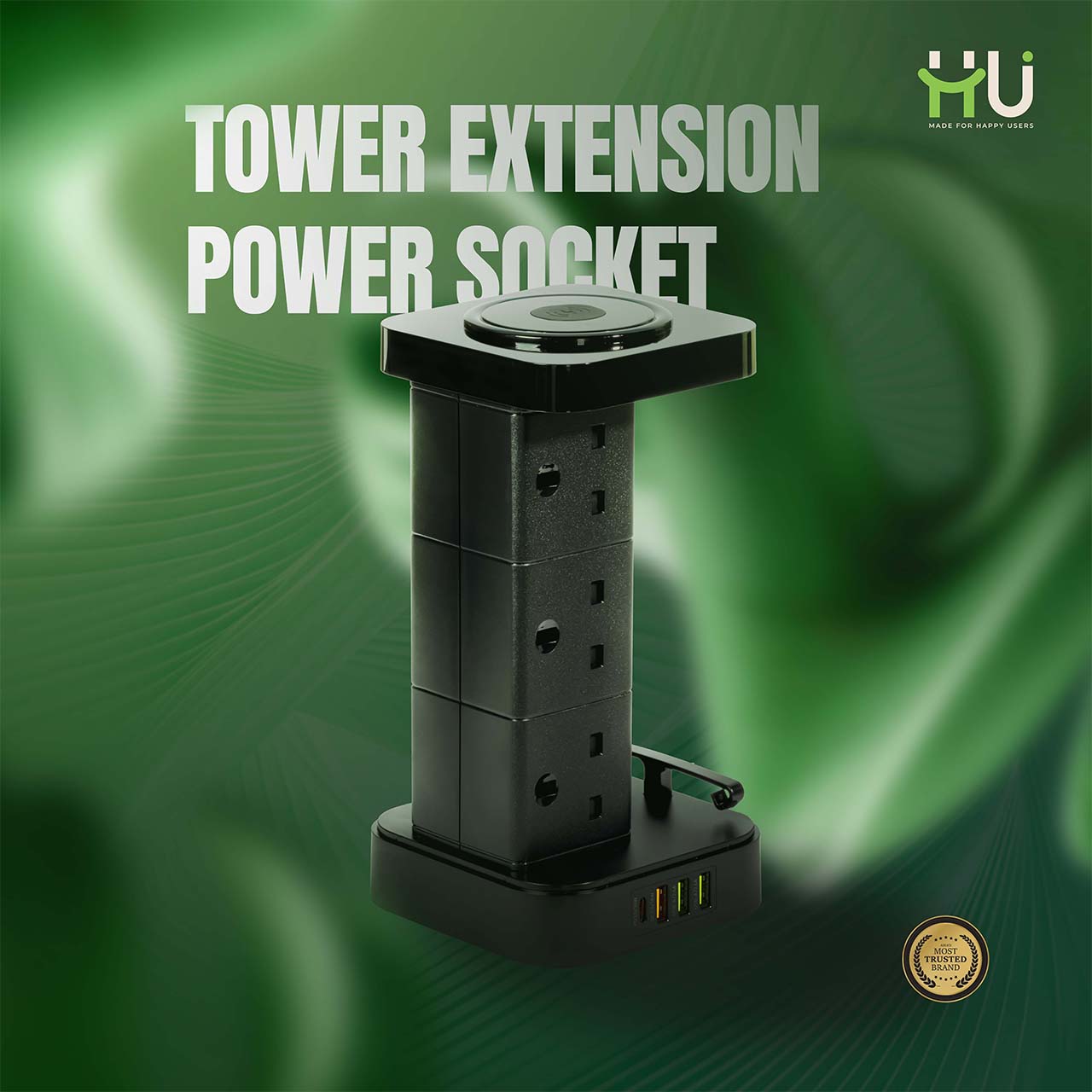 Tower Extension Board with 6 Sockets, USB & Wireless Charger
