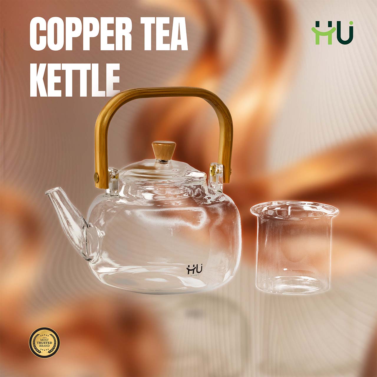 Heat Resistant Glass Tea Kettle with Copper Handle