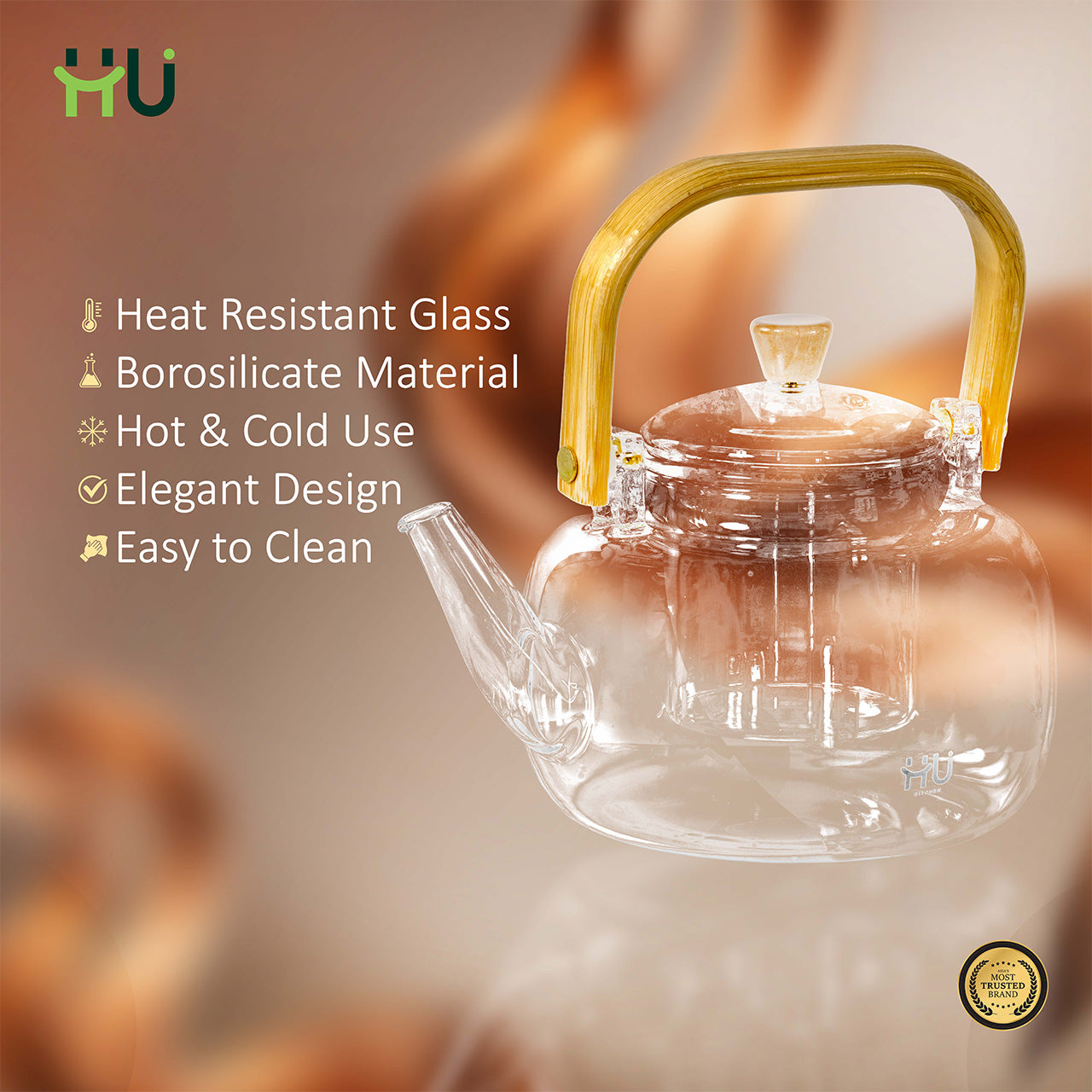 Heat Resistant Glass Tea Kettle with Copper Handle