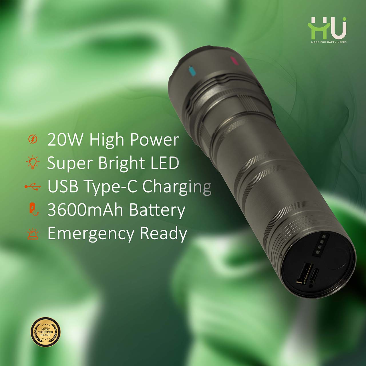 20W Rechargeable LED Flashlight USB-C (3600mAh)