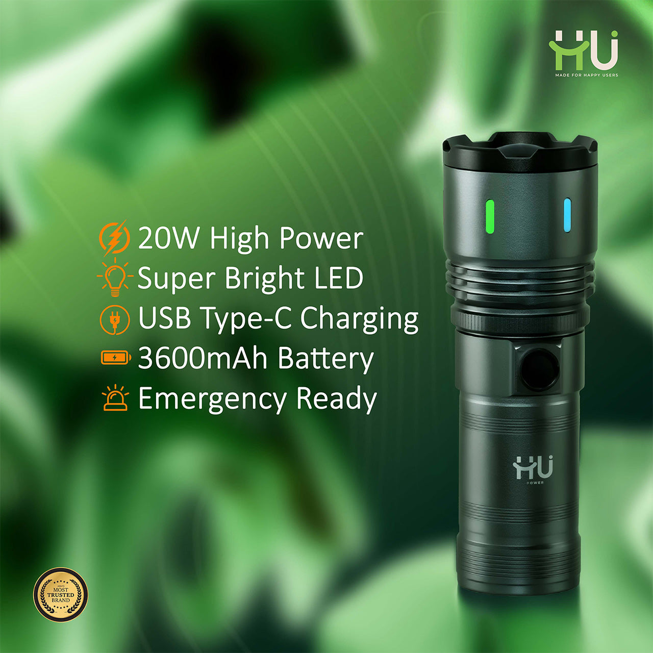 20W High Power LED Torch Rechargeable USB-C