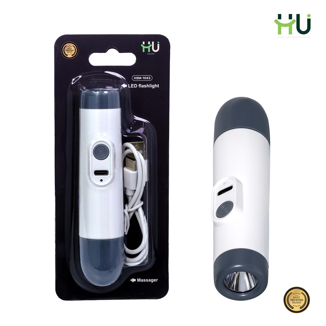 2-in-1 LED Flashlight & Mini Massager (Rechargeable, 6 Modes)