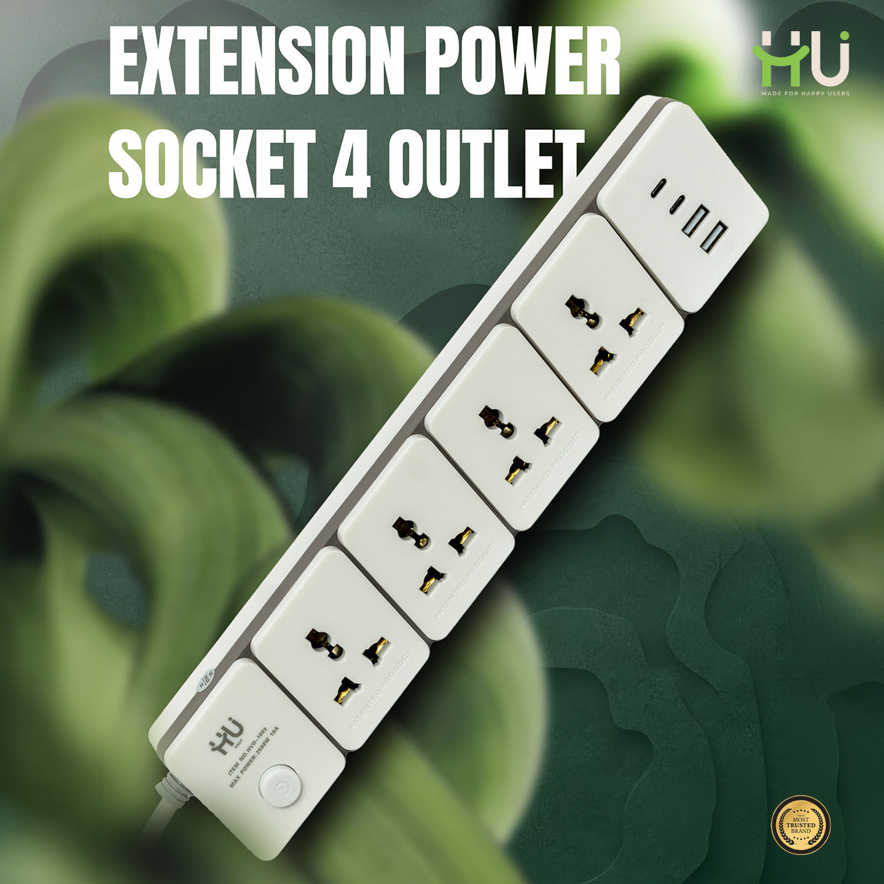 Extension Power Socket 4 Outlet + USB with 3M Cable