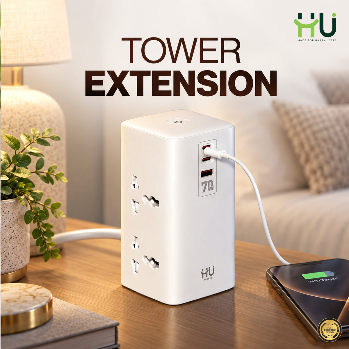 70W Tower Power Strip with Wireless Charging