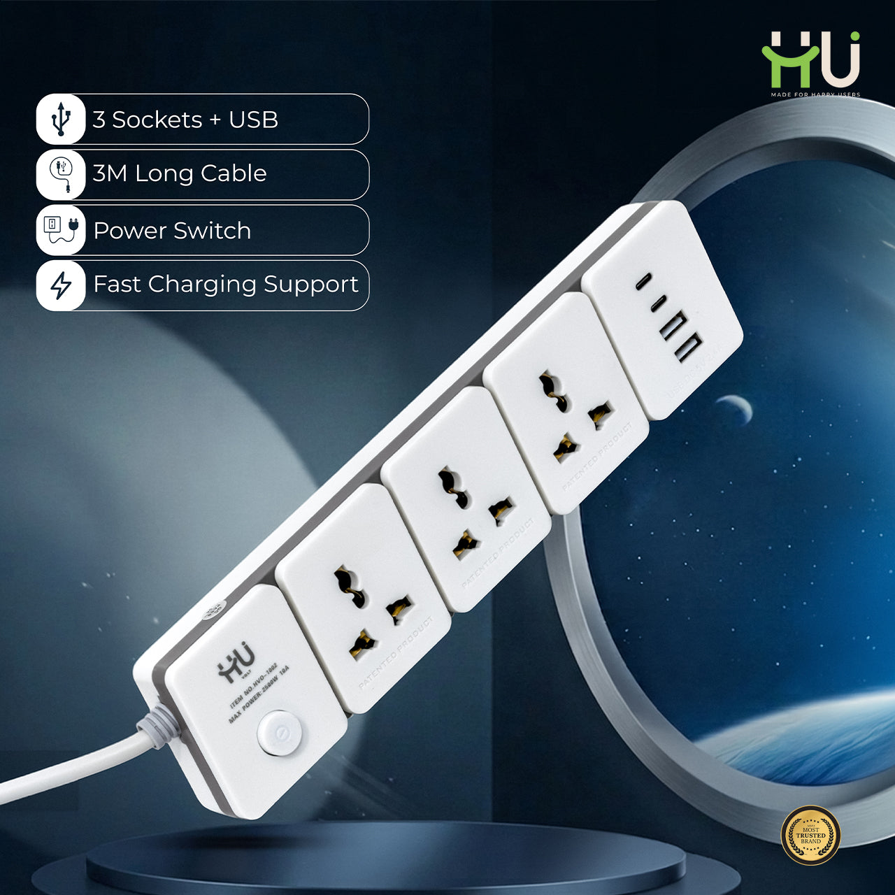 Extension Power Socket 3 Outlet + USB with 3M Cable