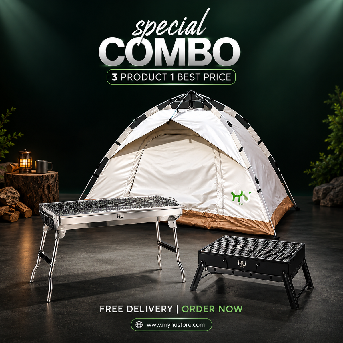 HU 3-Piece Camping Combo – Tent, BBQ Grill & BBQ Fiesta