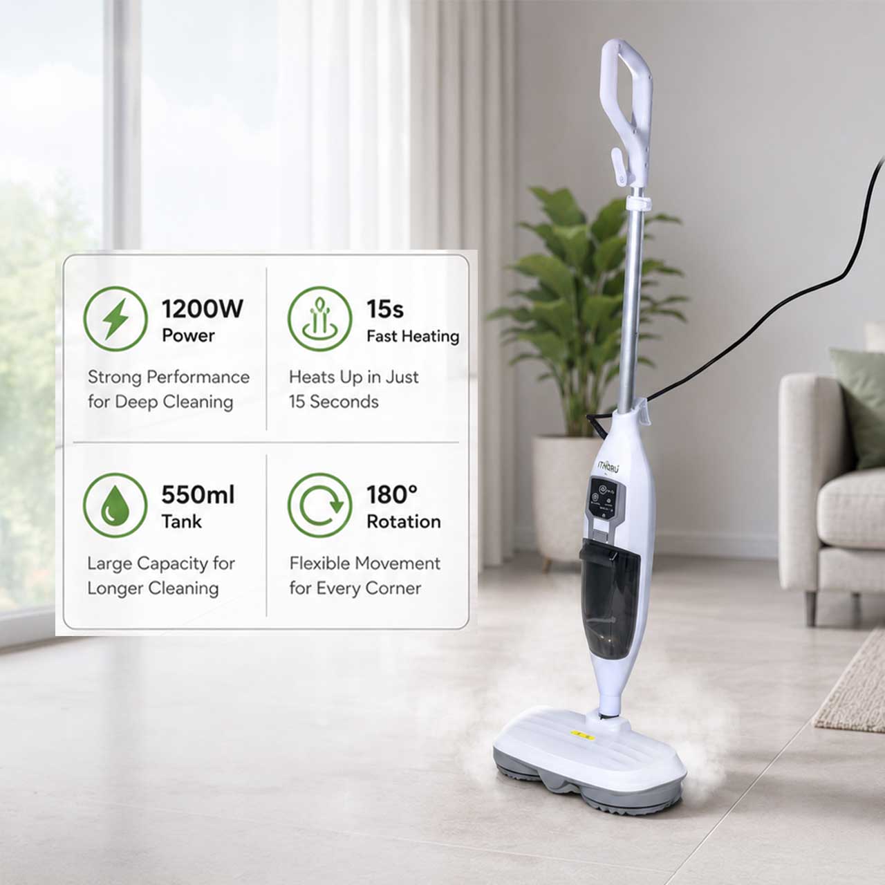 HU Steam Mop Cleaner 1200W – Multi-Surface Floor Steam Cleaner