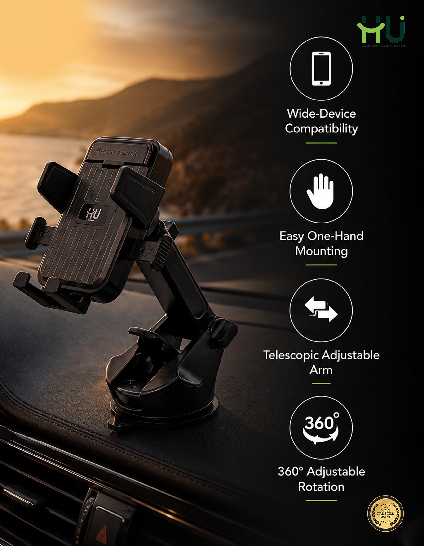 HU Press-Lock Car Phone Holder