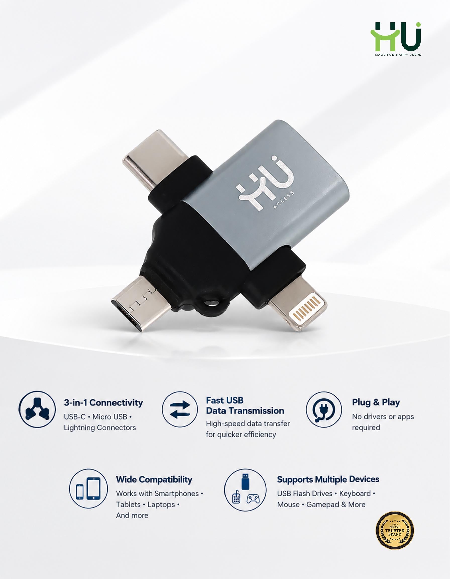 HU 3-in-1 OTG USB Adapter