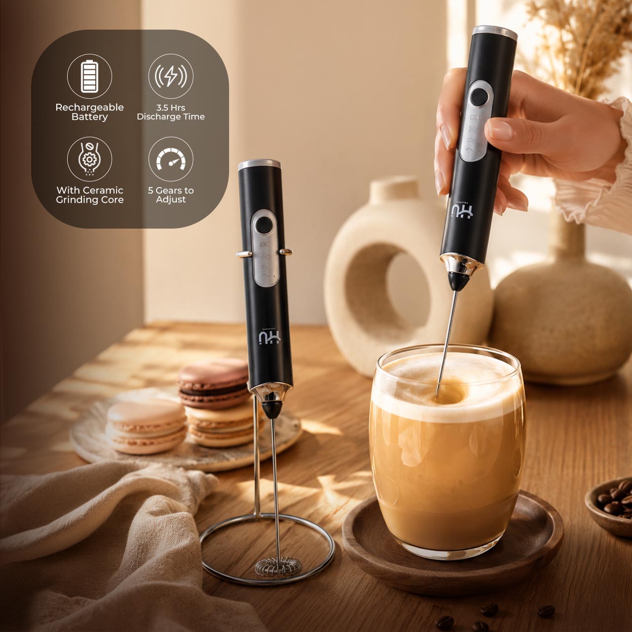 2-in-1 Rechargeable Coffee Frother 9000RPM 3 Speed Mixer