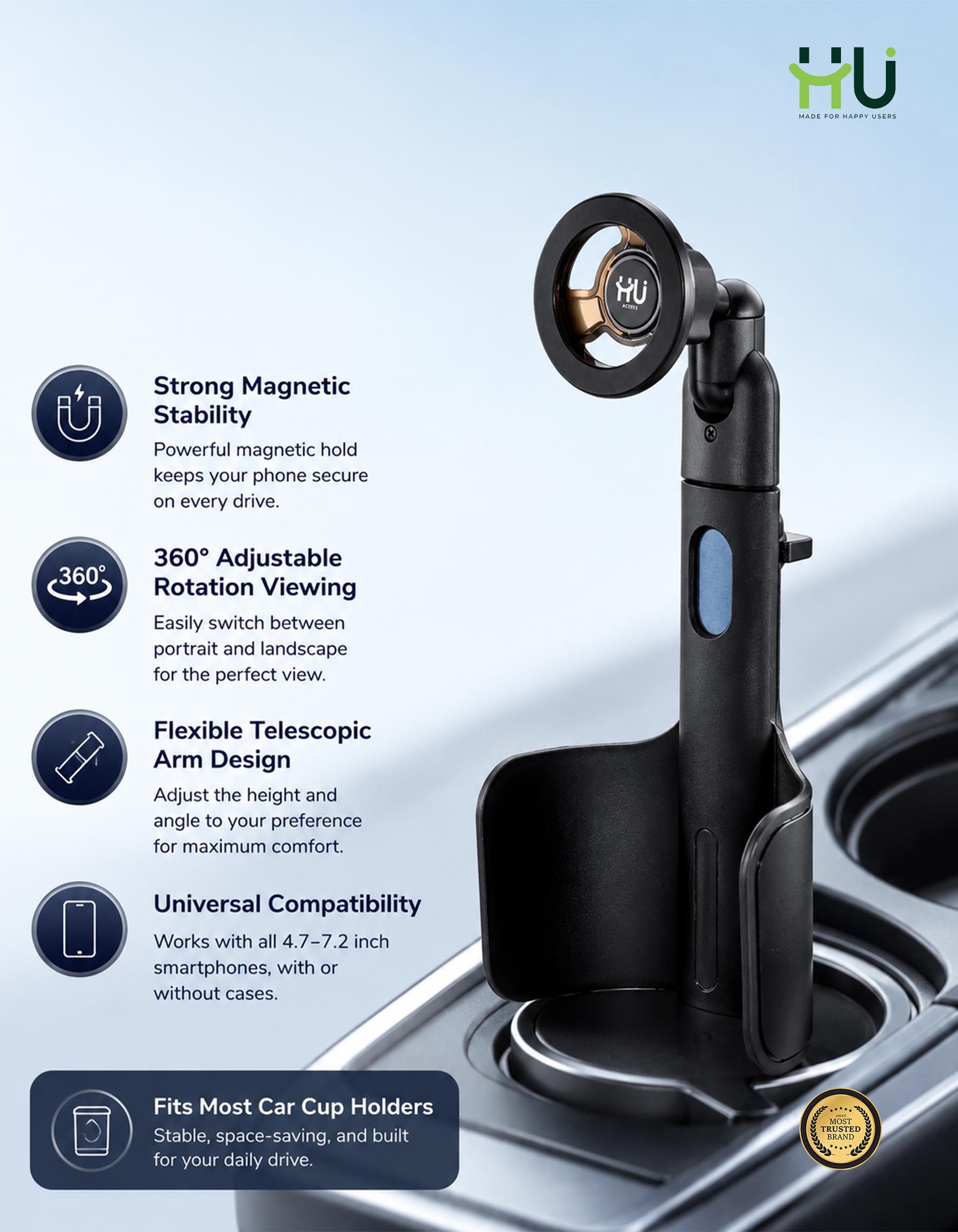 HU Magnetic Car Cup Holder Mount